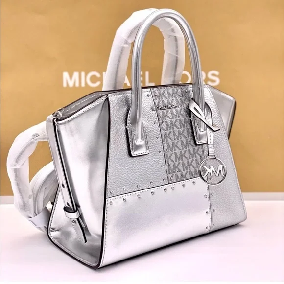 Michael Kors Avril Small Metallic Studded Patchwork Satchel Crossbody Silver